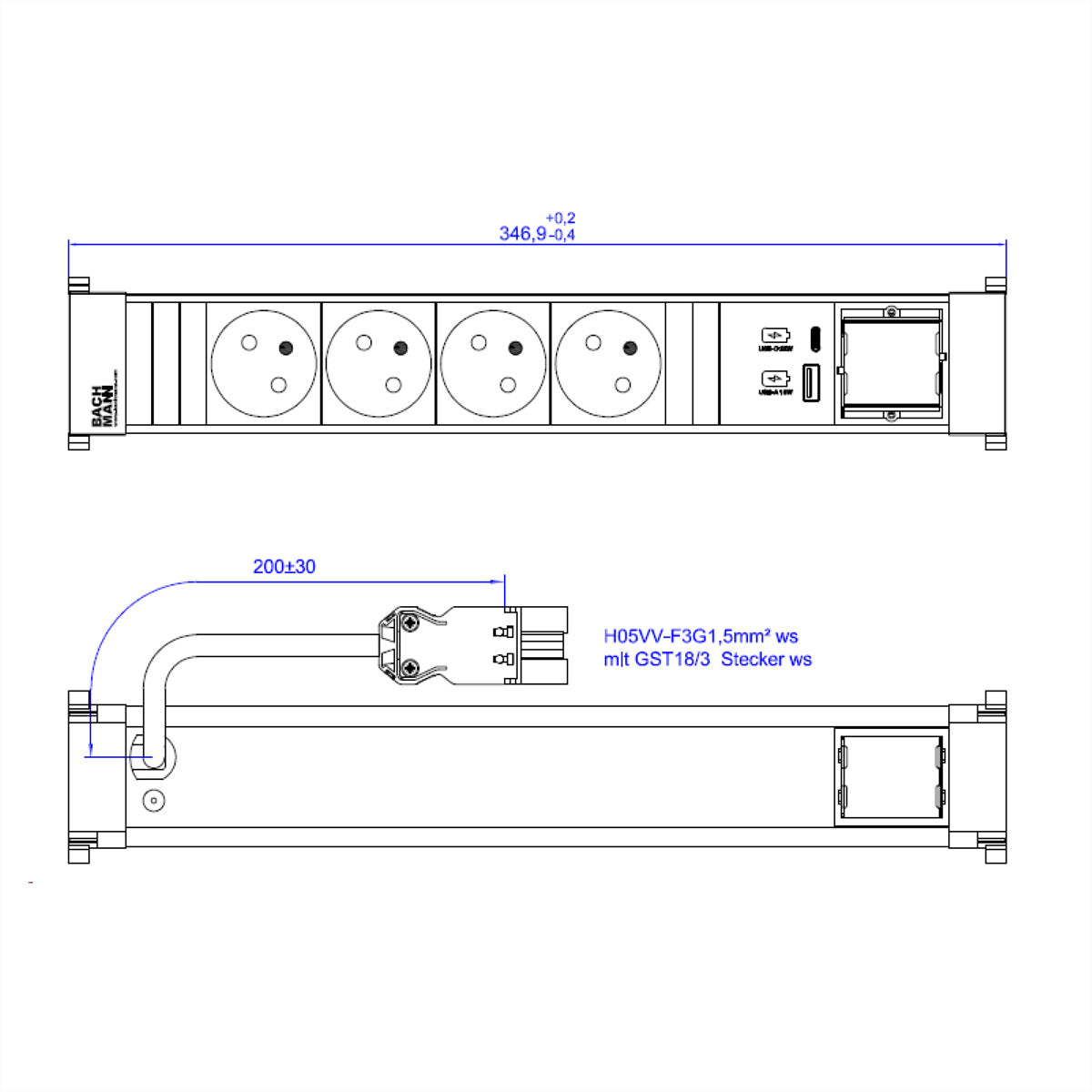 Bachmann POWER FRAME – Steckdosenleiste, 4× UTE (Typ E), 2× USB 22 W, 0,2 m, Stecker GST18