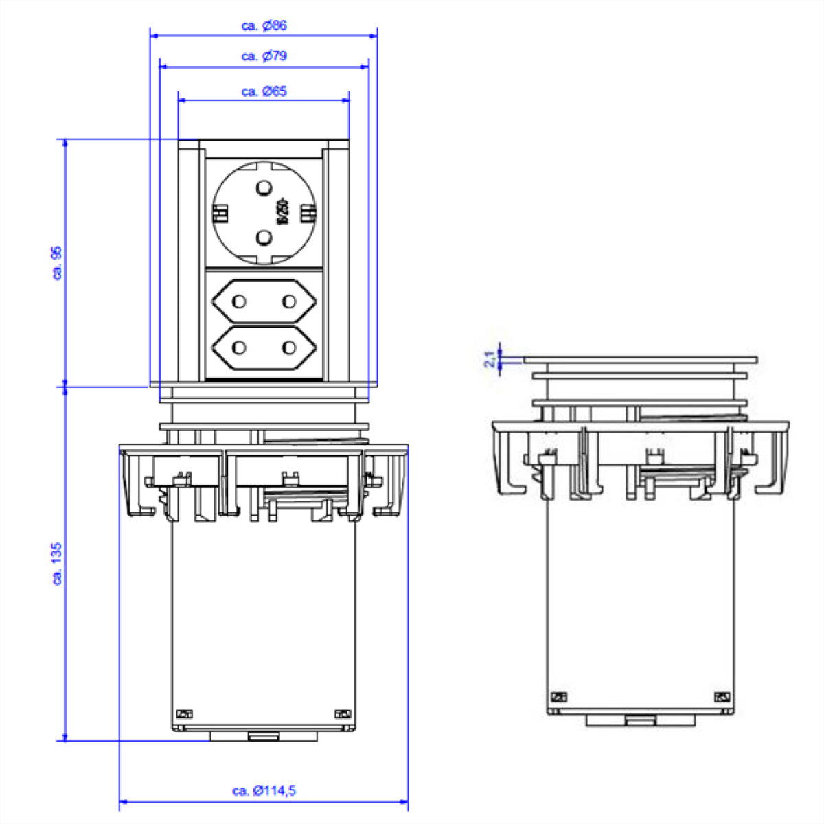 Bachmann ELEVATOR Einbausteckdosenleiste 3×Schutzkontakt (Typ F), mit Schalter, 2 m – Schwarz