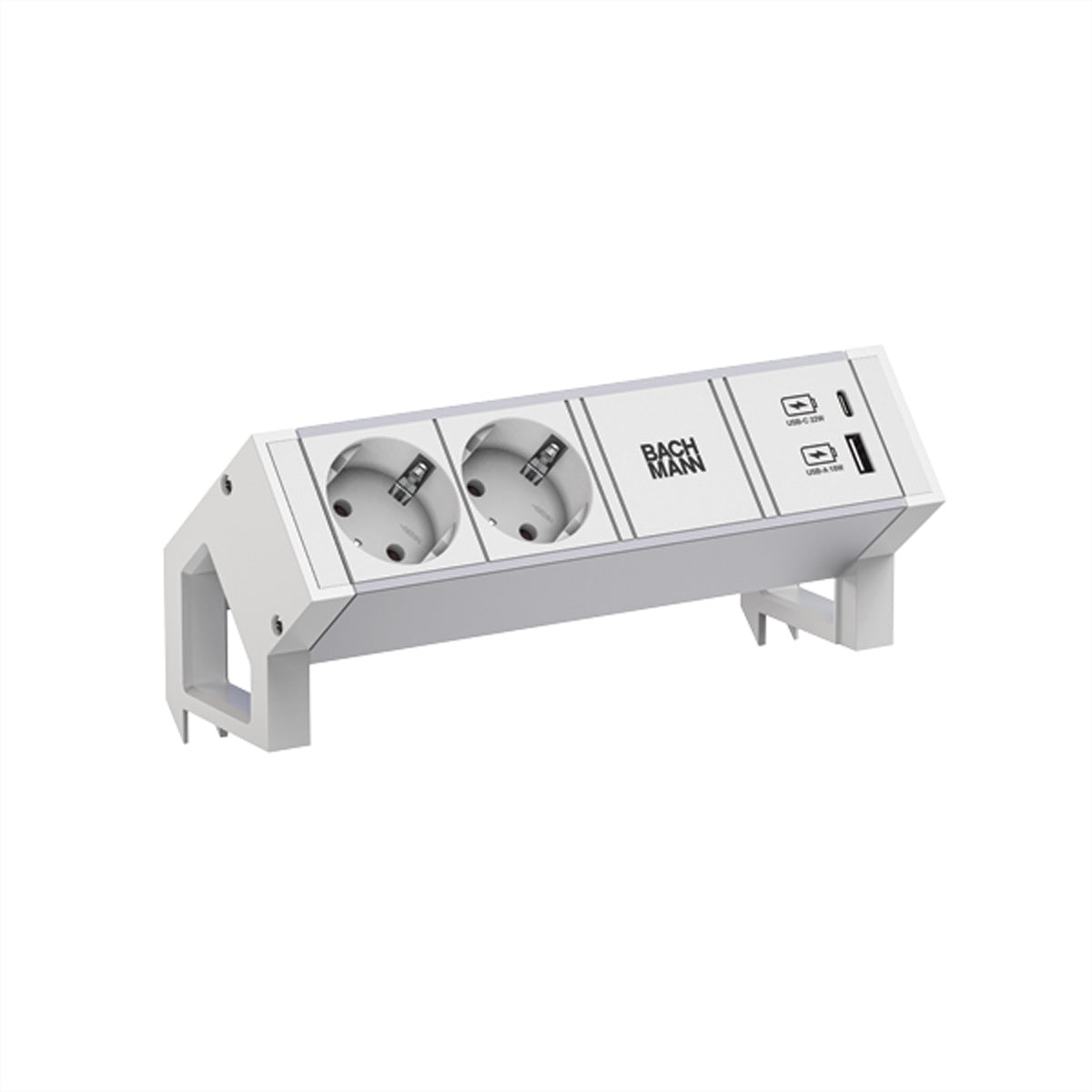 Bachmann DESK2 ALU Steckdoseneinheit – 2×Schuko (Typ E/F), USB‑A/USB‑C 22 W, Tischmontage