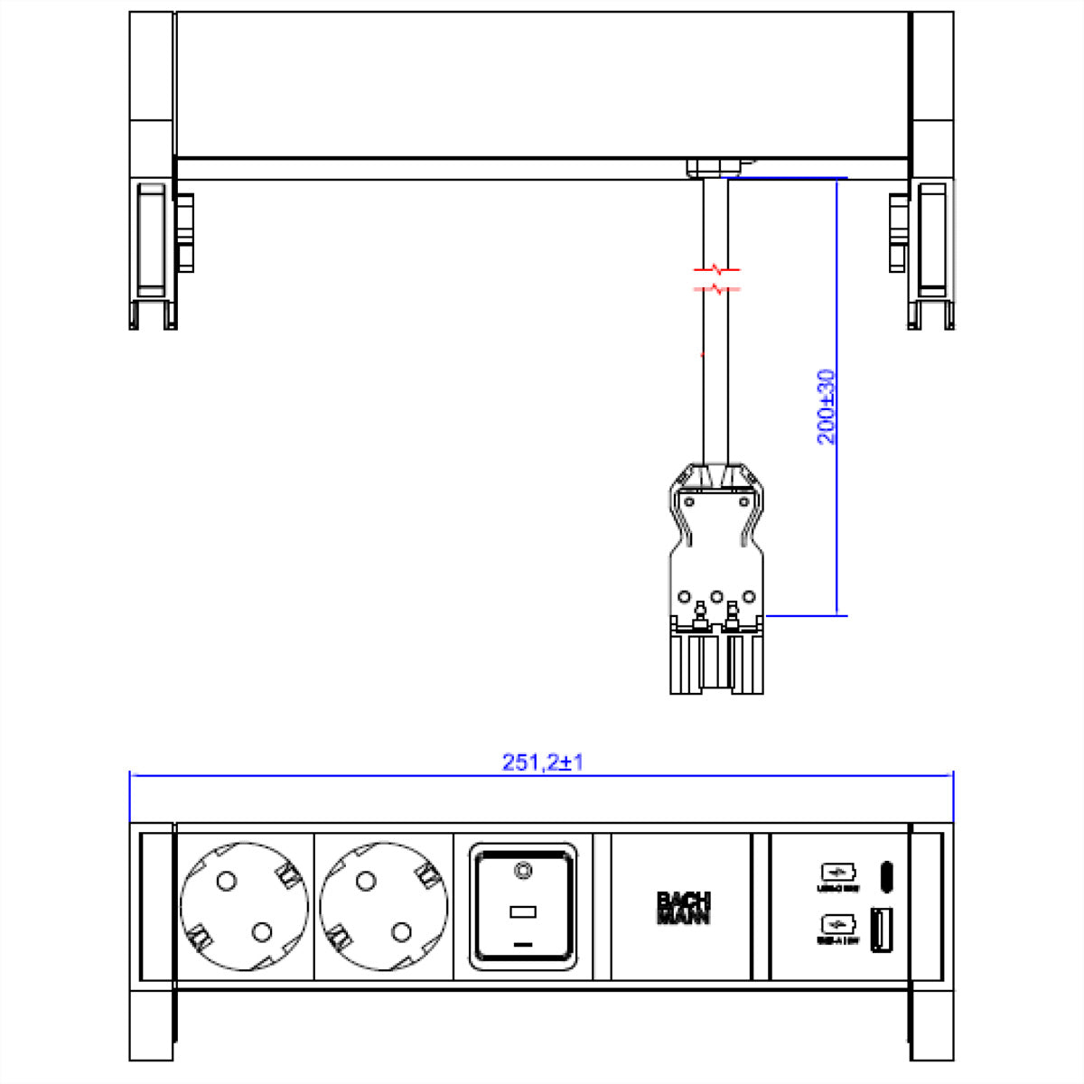Bachmann DESK2 ALU Tischsteckdosenleiste, 2×T13, 1×USB‑A + 1×USB‑C 22 W, 0,2 m, mit Schalter – Weiss