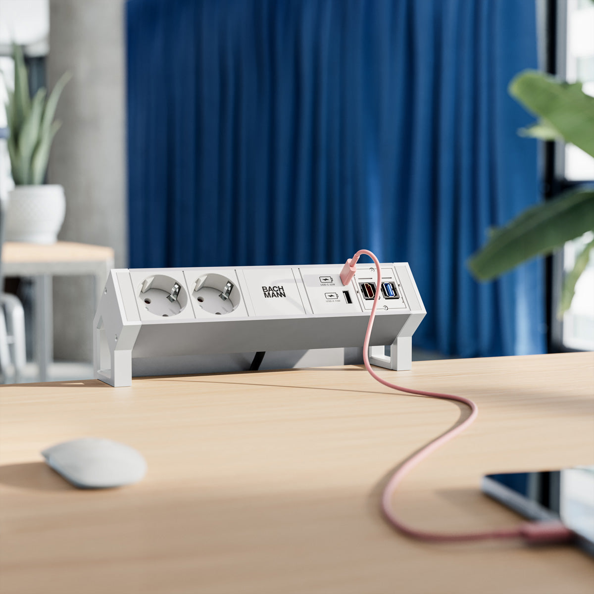 Bachmann DESK2 ALU Steckdosenleiste Schutzkontakt (CEE 7/3)×2 – USB‑C×1, USB‑A×1 22 W – GST18 Stecker 0,2 m