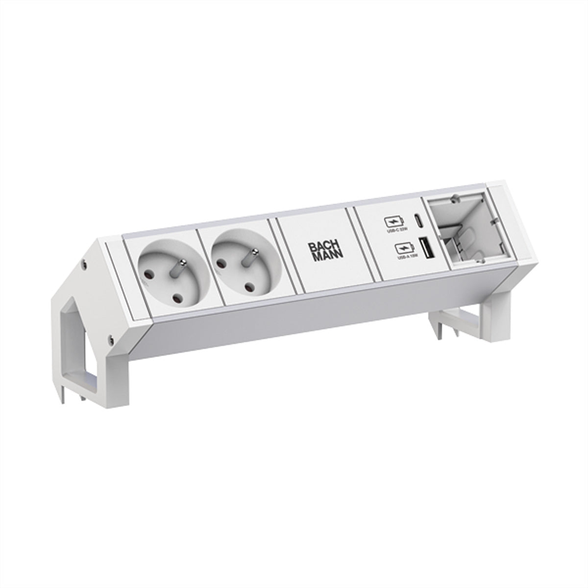 Bachmann DESK2 ALU – Steckdosenleiste, 2× UTE, 1× Custom-Modul (leer), 1× USB-A/C 22W, 0,2 m GST18