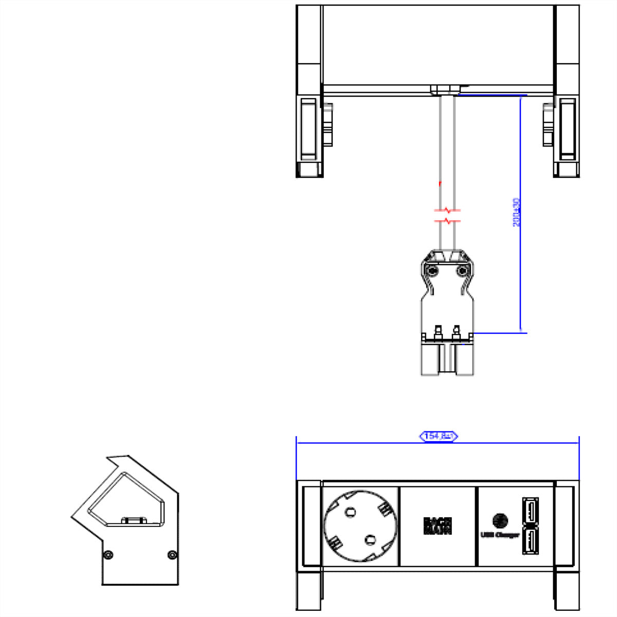 Bachmann DESK2 Steckdoseneinheit – 1×Schuko (Typ E/F), 2×USB (5 V/3,1 A), Aufbau, GST18-Zuleitung 0,2 m, Weiss