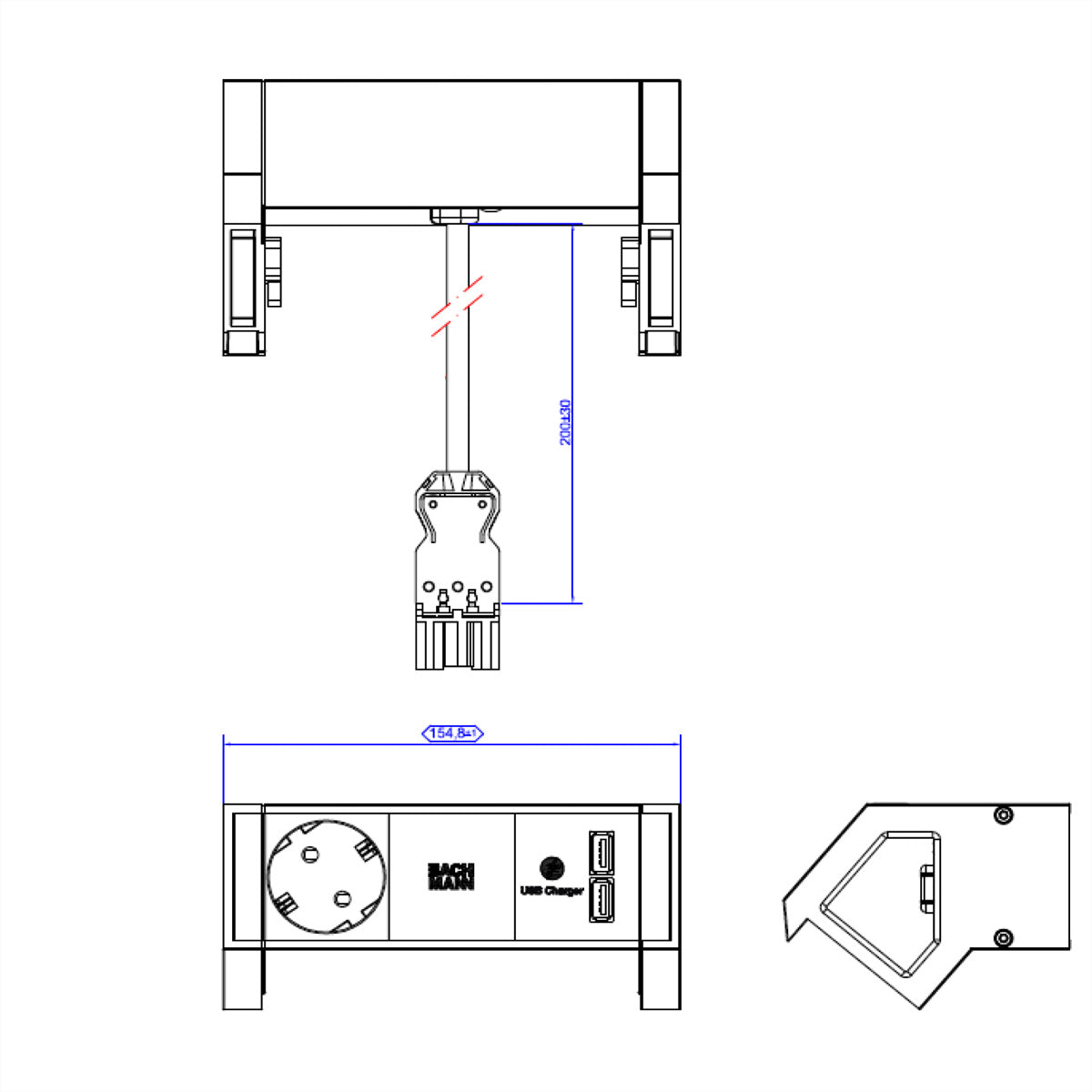 Bachmann DESK2 Steckdosenleiste mit USB – Aufbau, Wieland GST18 Eingang, 1 Schutzkontakt, 2 USB-A – Edelstahl