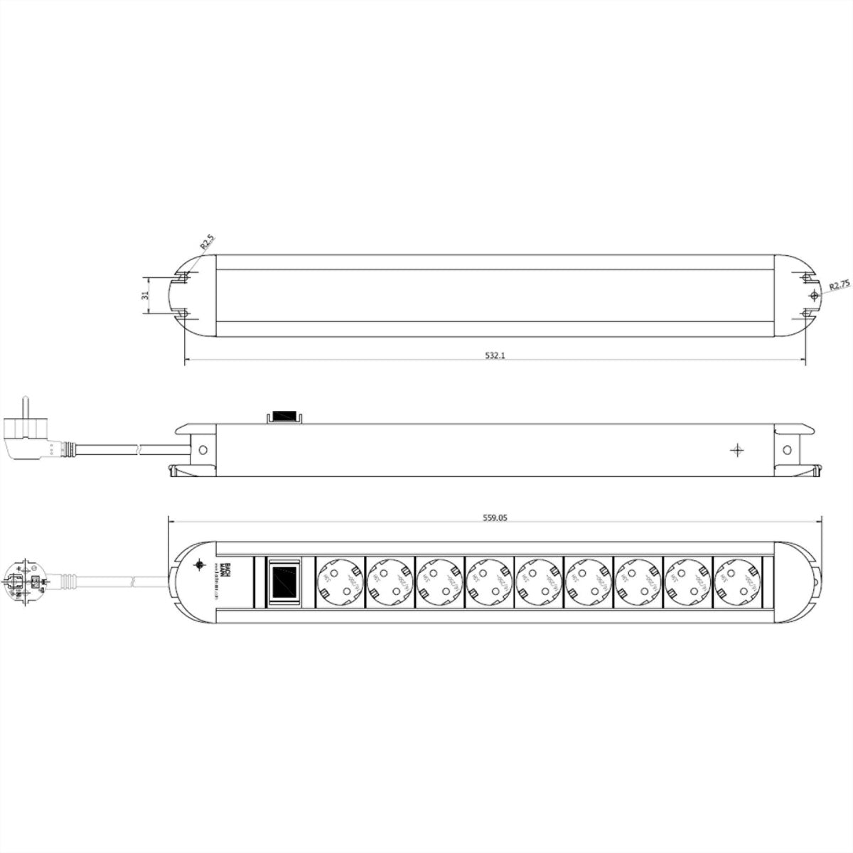 Bachmann PRIMO – Steckdosenleiste, 9× Schuko (Typ F), mit Schalter, 1,75 m, Winkelstecker