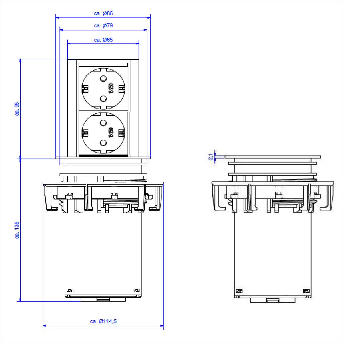Bachmann Elevator Einbausteckdosenleiste, 2×T13, Einbau, Eingang Schutzkontakt (Typ E/F), 2 m