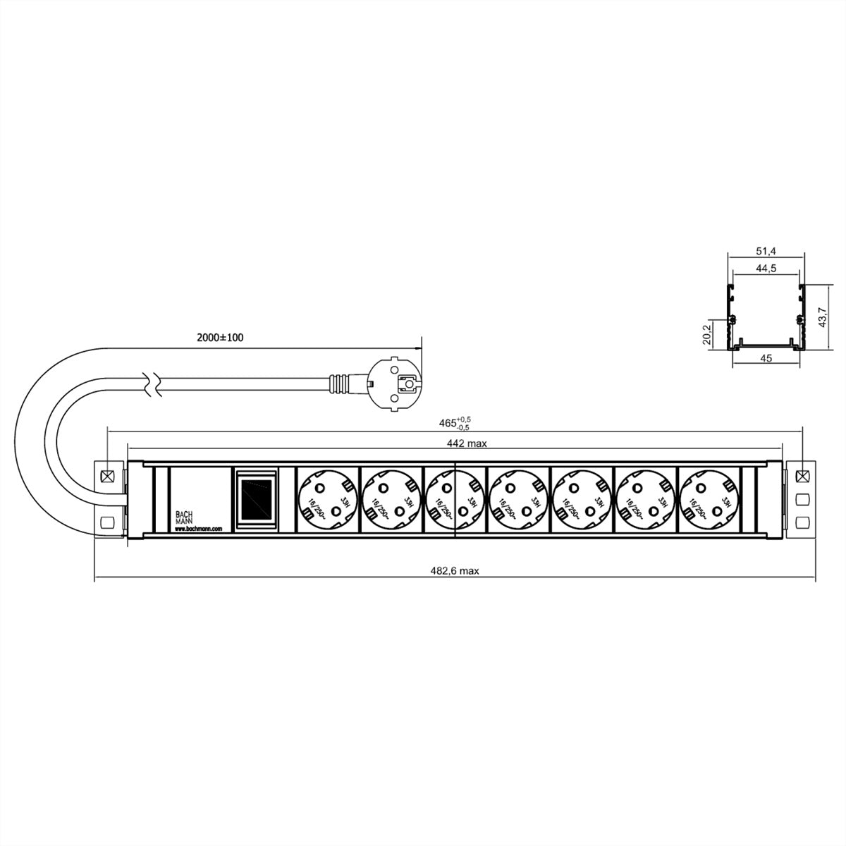 Bachmann 19" Steckdosenleiste 1,5U, 7× Schuko (Typ F), mit Schalter, 2 m, Stecker CEE 7/7