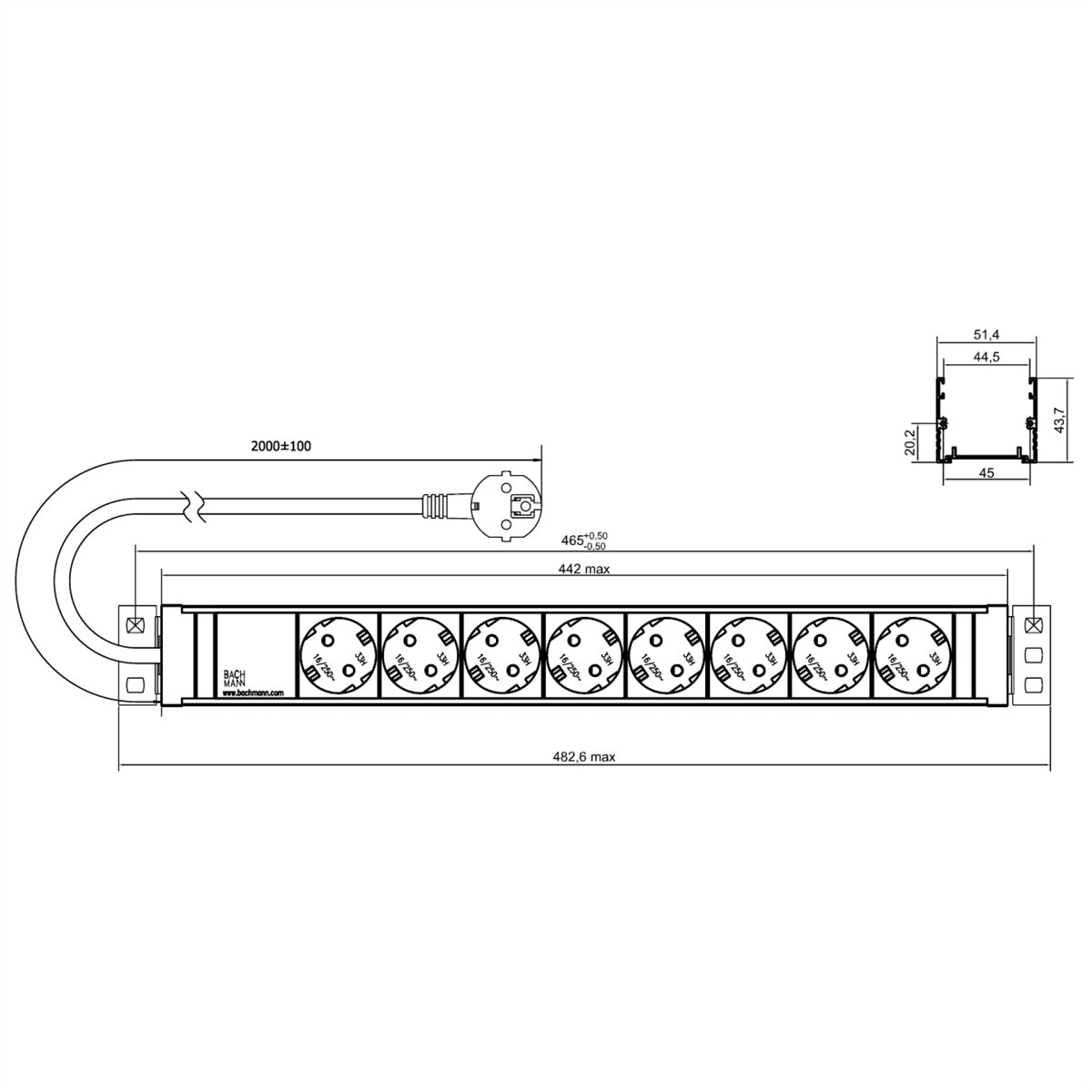 Bachmann 19" Steckdosenleiste, 1,5U, 8× Schuko (CEE 7/3, Typ F), 2,0 m, Stecker CEE 7/7