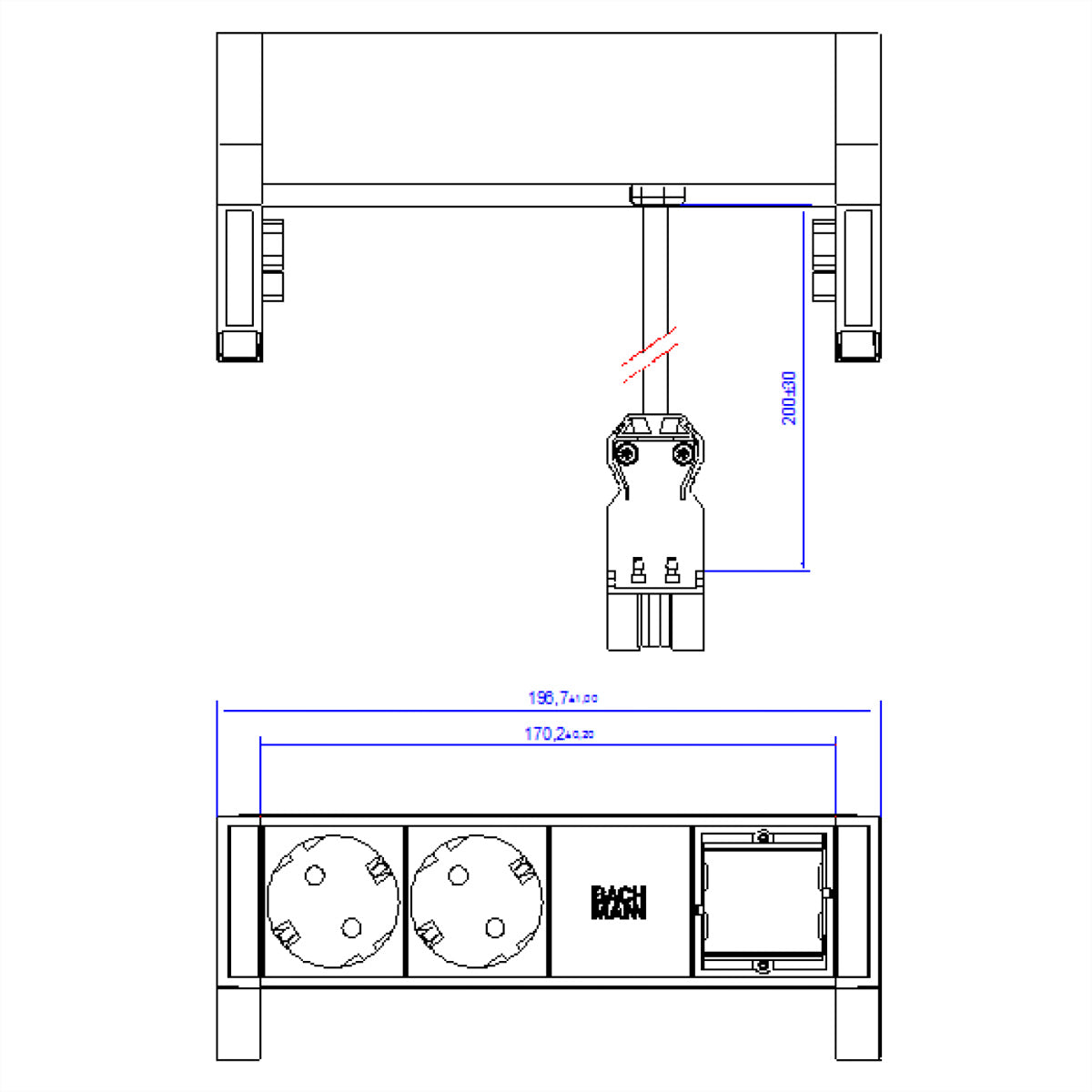 Bachmann DESK2 Tischsteckdosenleiste (2×T13 + 1×ABD), 0,2 m – weiss