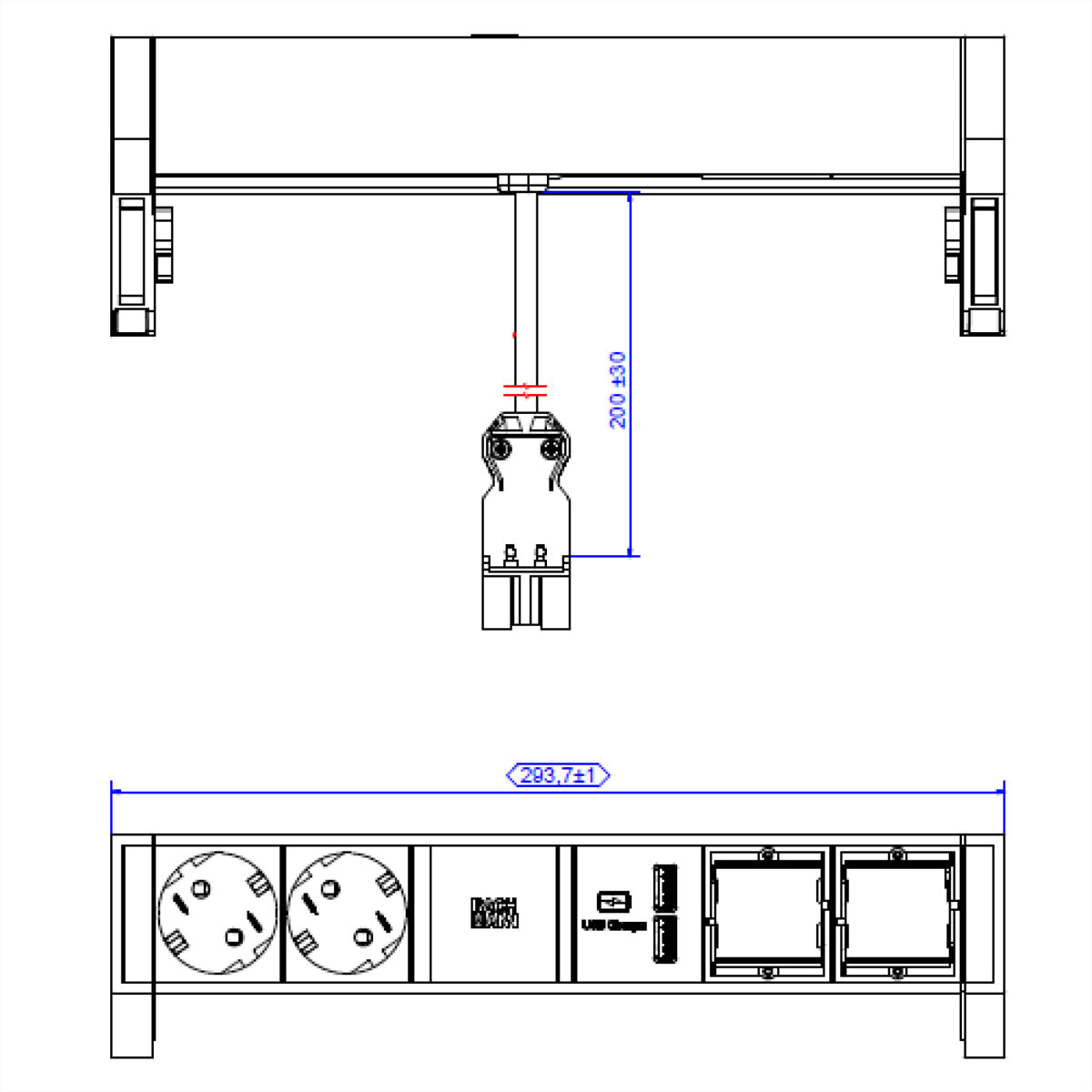 Bachmann DESK2 Tischsteckdosenleiste, 2×T13 + 2×ABD, 2×USB, 0,2 m Kabel – Weiss