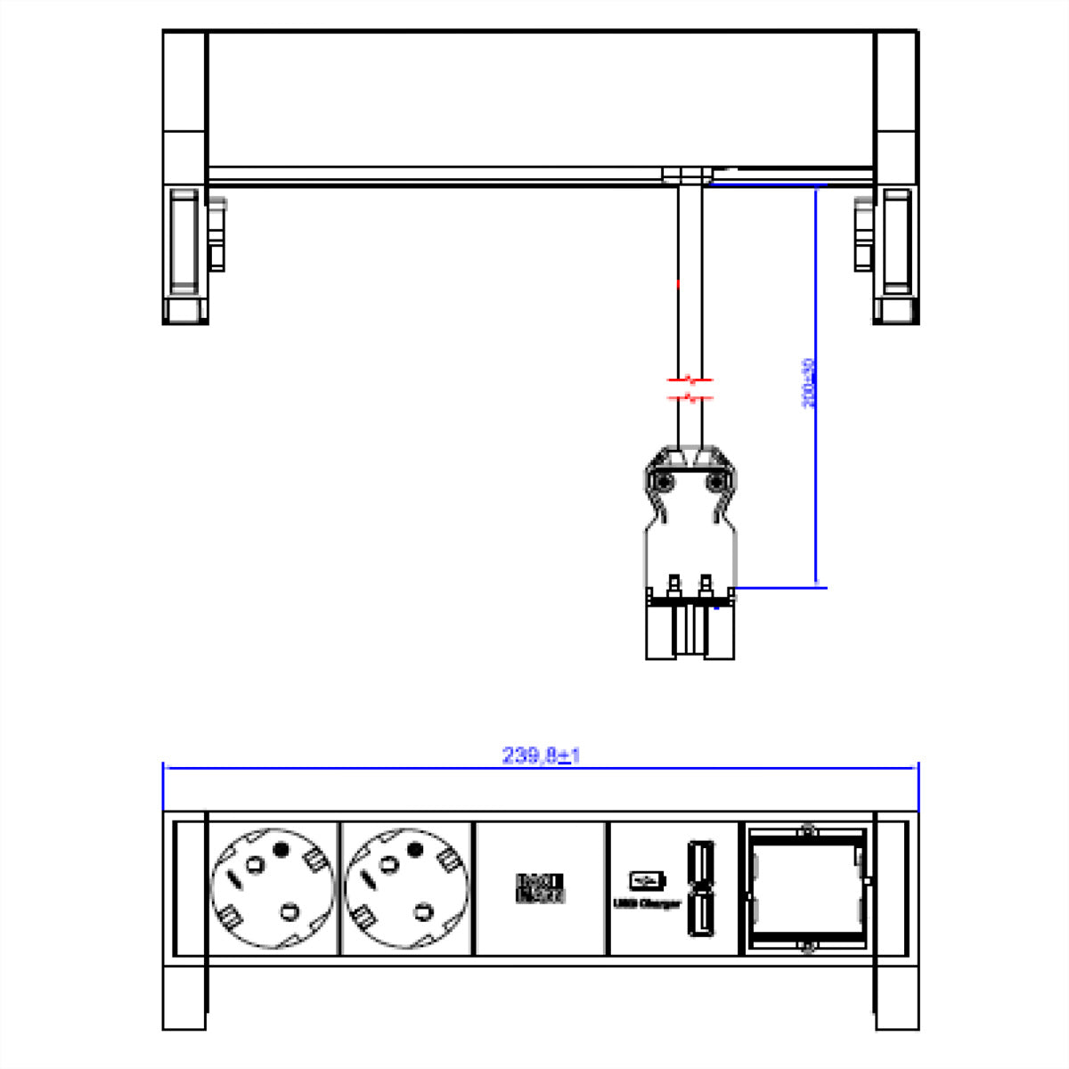 Bachmann DESK2 ALU Steckdosenleiste 2× Schutzkontakt, USB×2, ABD-Modul – 0,2 m