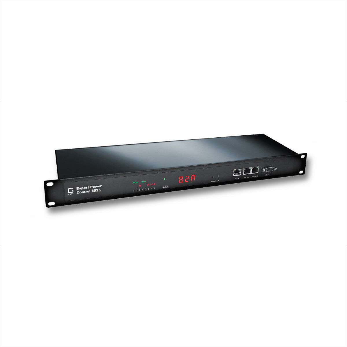 Güde Gude 8035-2 – Rack-PDU pro Ausgang messbar, geschaltet, 8× IEC C13, 16 A, Stecker IEC C19, 1U horizontal, 3,6 kW