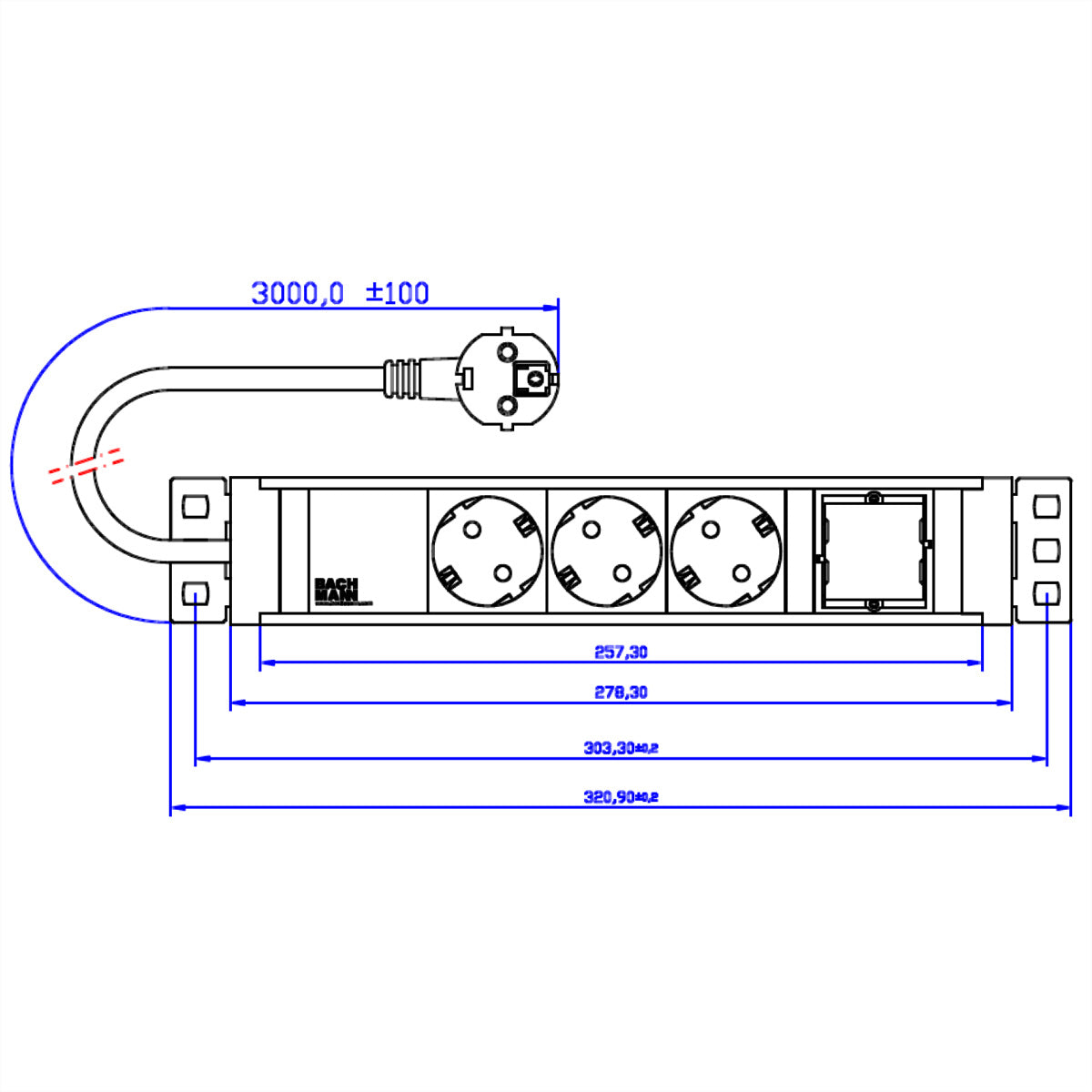 Bachmann Steckdosenleiste, 3×T13 + 1×ABD, 3 m, Eingang Schutzkontakt-Winkelstecker – Schwarz