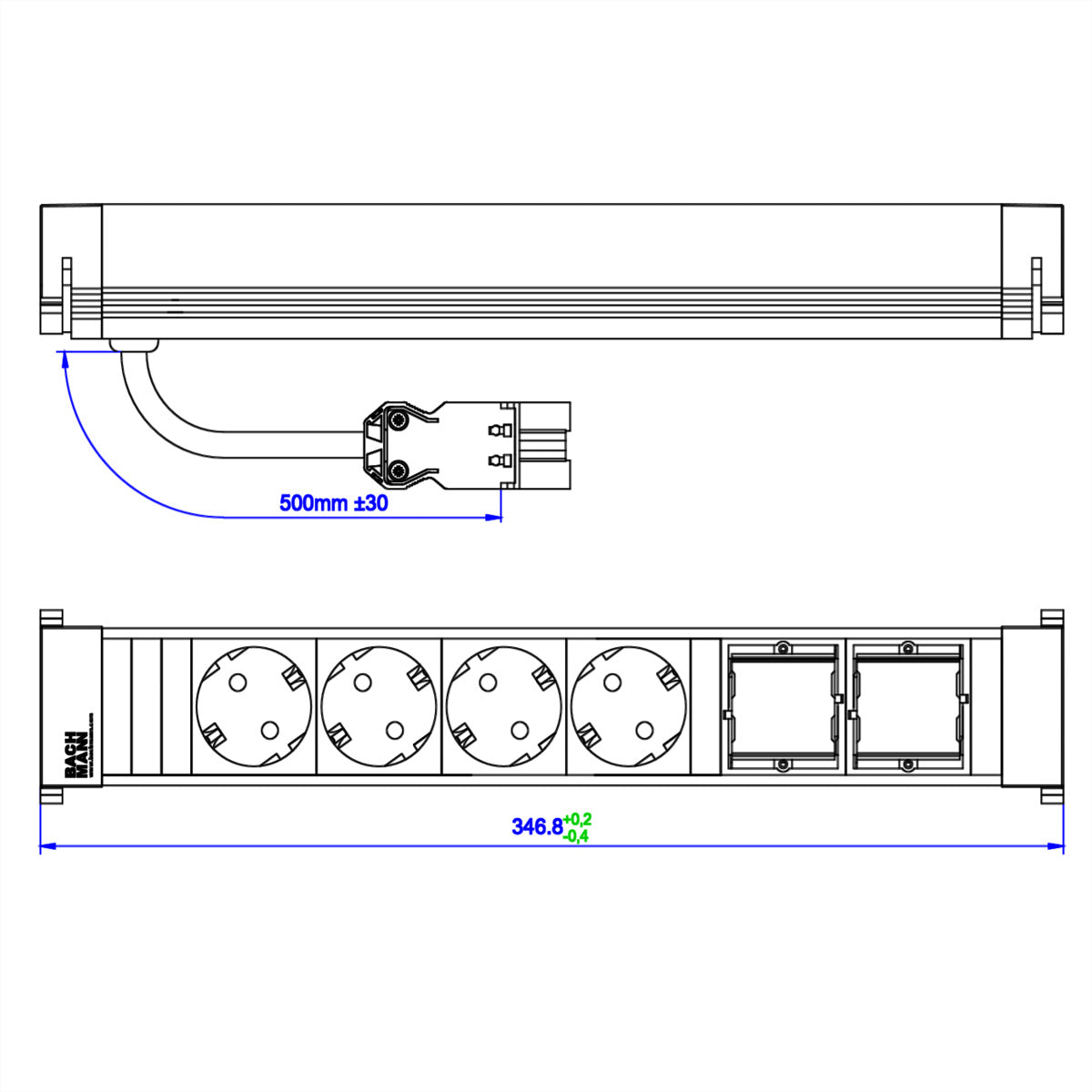 Bachmann POWER FRAME Large – Einbau-Anschlussfeld, 4× Schuko (Typ F) + 2× ABD, 0,5 m, Stecker GST18i3