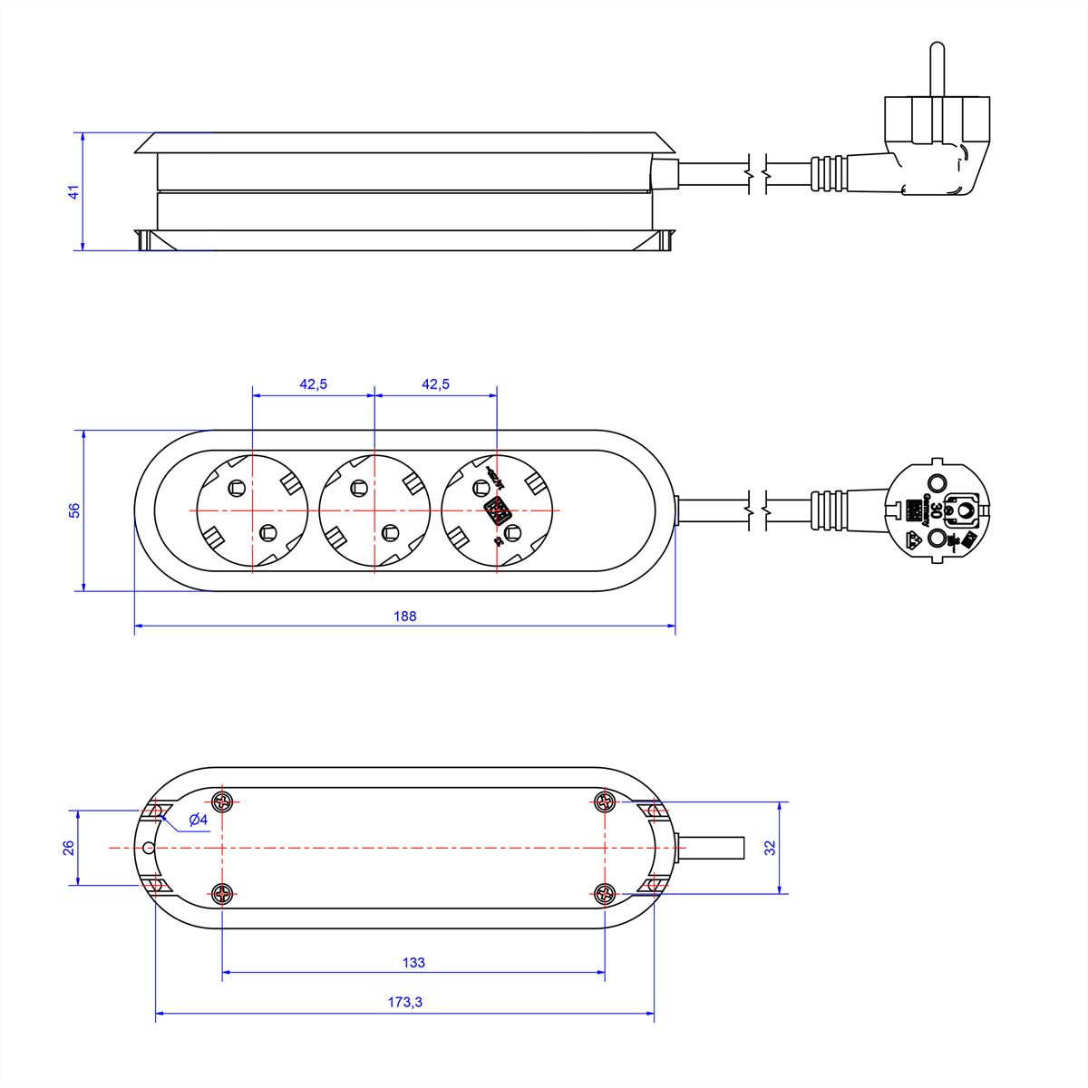 Bachmann Steckdosenleiste – 3×T13 + 2×USB‑A 5 V 3,1 A (gesamt), 1,5 m, IP20
