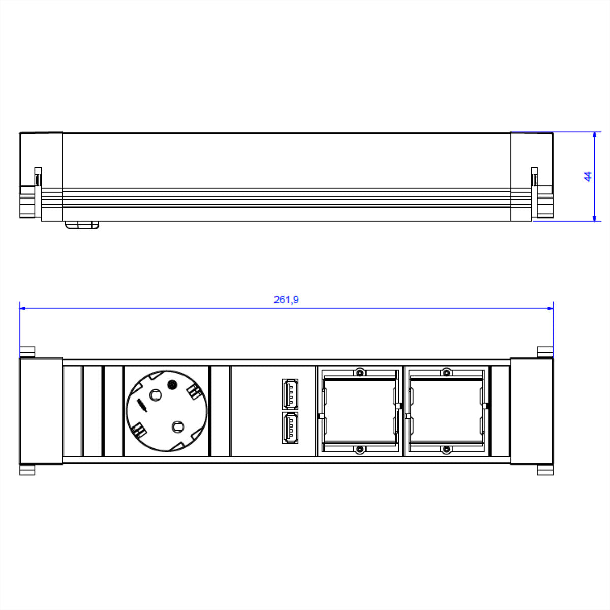 Bachmann POWER FRAME Einbausteckdosenleiste (1×T13 + 2×USB + 2×Leer-Modul), Einbau, 0,2 m – schwarz