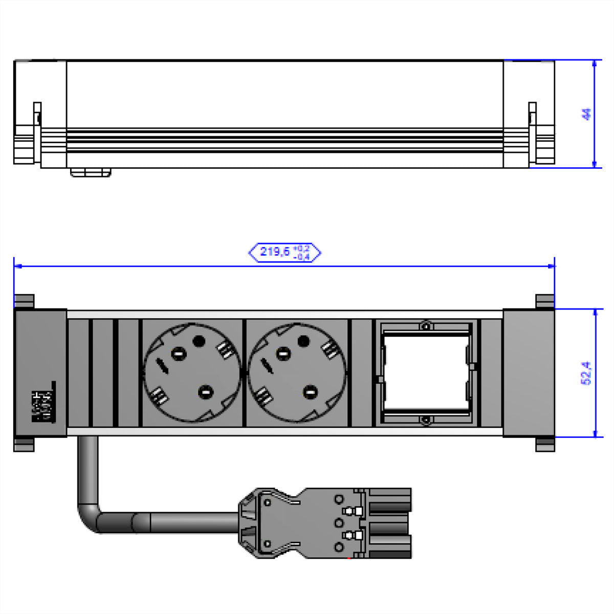 Bachmann POWER FRAME Einbausteckdosenleiste (2×T13 + 1×ABD), Einbau, Wieland GST18 Eingang, 0,1 m