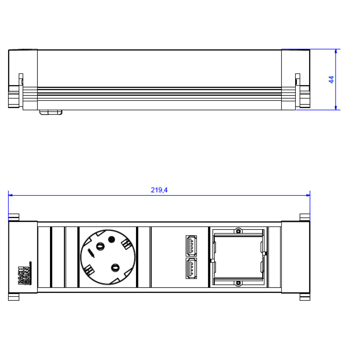 Bachmann POWER FRAME Small – Einbau-Anschlussfeld, 1× T13, 1× USB 5 V/3,1 A, 0,1 m, GST18