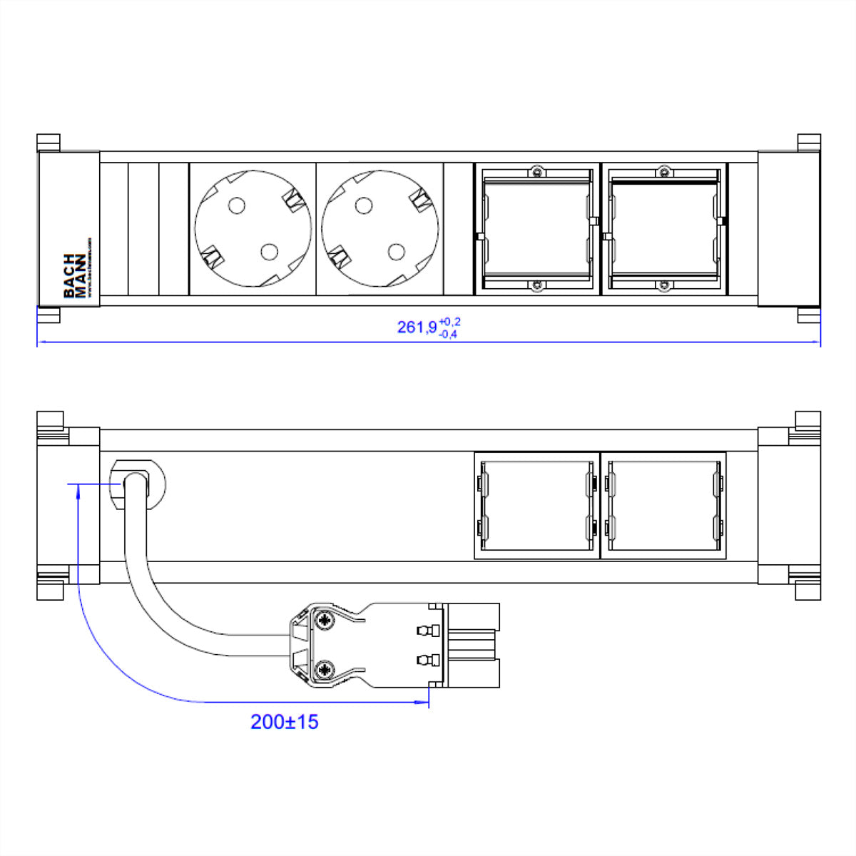 Bachmann POWER FRAME – Einbau-Anschlussfeld, 2× Schuko (Typ F) + 2× ABD, 0,2 m, Stecker Wieland GST18