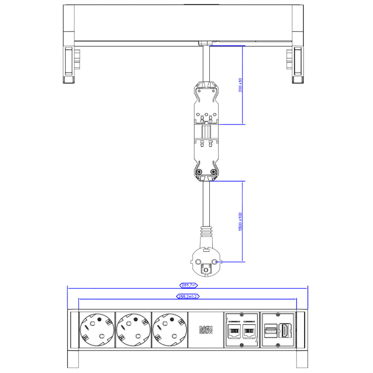 Bachmann DESK2 Steckdoseneinheit – 3×Schuko (Typ E/F), 2×CAT6a, 1×HDMI, USB 3.0, Tischmontage