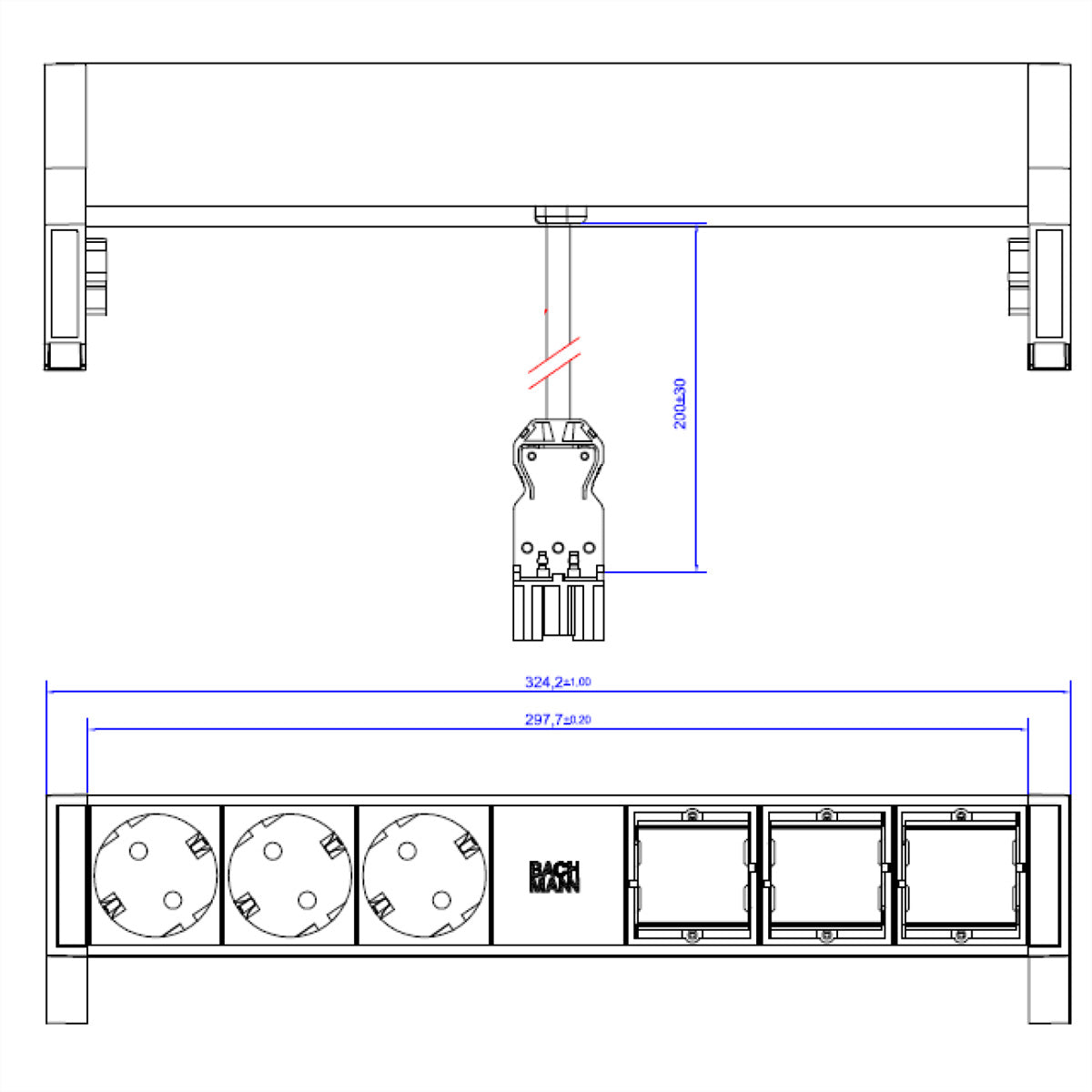 Bachmann DESK2 Steckdoseneinheit – 3×Schuko (Typ E/F) + 3×Custom-Modul, 0,2 m Kabel, Tisch/Einbau