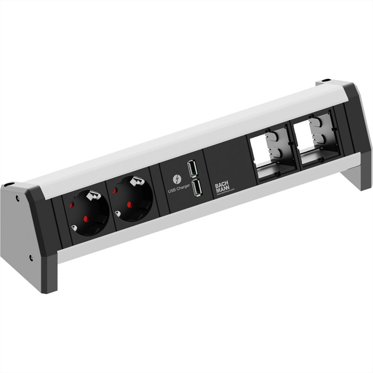 Bachmann DESK1 – Tischsteckdosenleiste, 2× Schuko (Typ F), 2× USB, ohne Schalter, Stecker GST18
