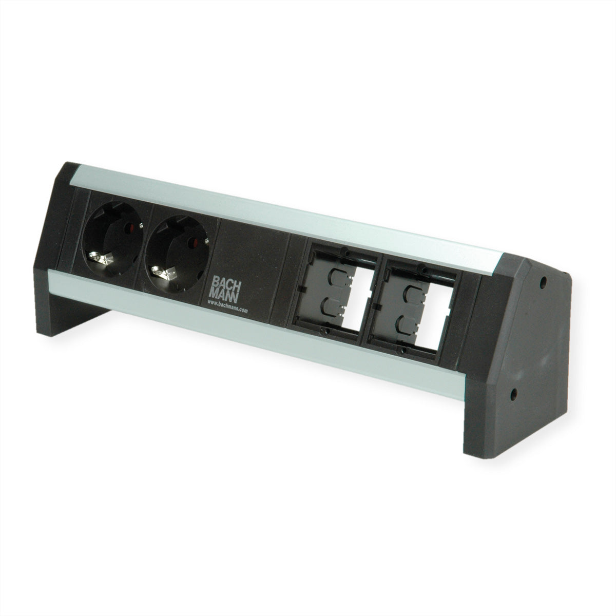 Bachmann DESK Aufbau-Anschlussfeld 230 V/16 A – Schutzkontakt×2 (CEE 7/3), GST18-Eingang – Schwarz/Silber