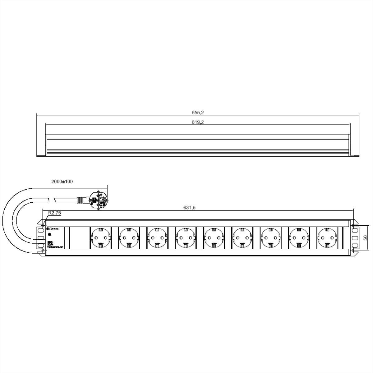 Bachmann Steckdosenleiste, 9×T13, ohne Schalter, 2 m, wiederanschliessbar, IP20 – schwarz/grau