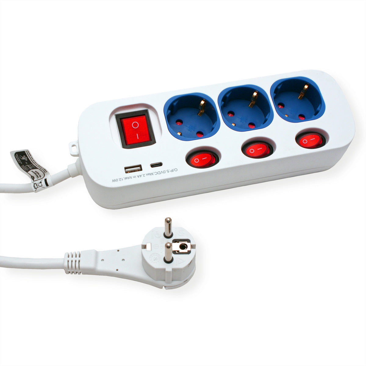 ROLINE Steckdosenleiste – 3× Schuko (Typ E/F), USB‑A/C, 3 m, mit Schalter, Weiss