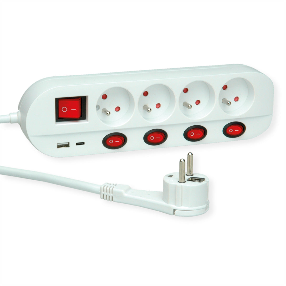 ROLINE Steckdosenleiste – 4× UTE (Typ E), USB‑A/C, 1,5 m, mit Schalter, Weiss