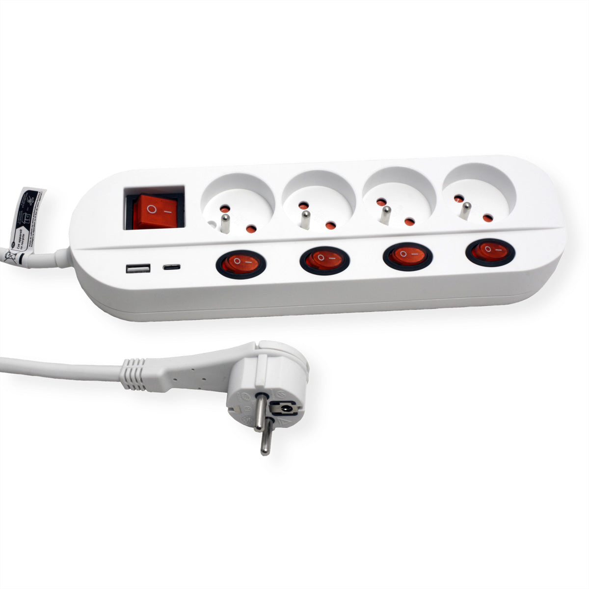 ROLINE Steckdosenleiste – 4× UTE (Typ E), USB‑A/C, 1,5 m, mit Schalter, Weiss