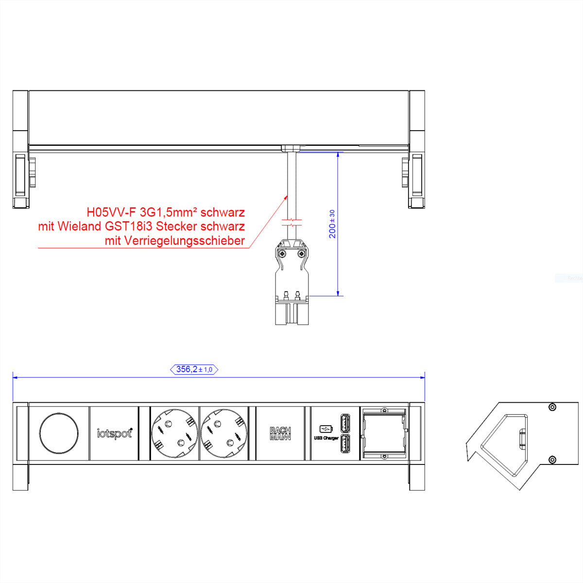 Bachmann DESK2 Tischsteckdosenleiste 2×T13, 1×USB‑A 5 V 3,1 A, 0,2 m, Eingang GST18 – schwarz