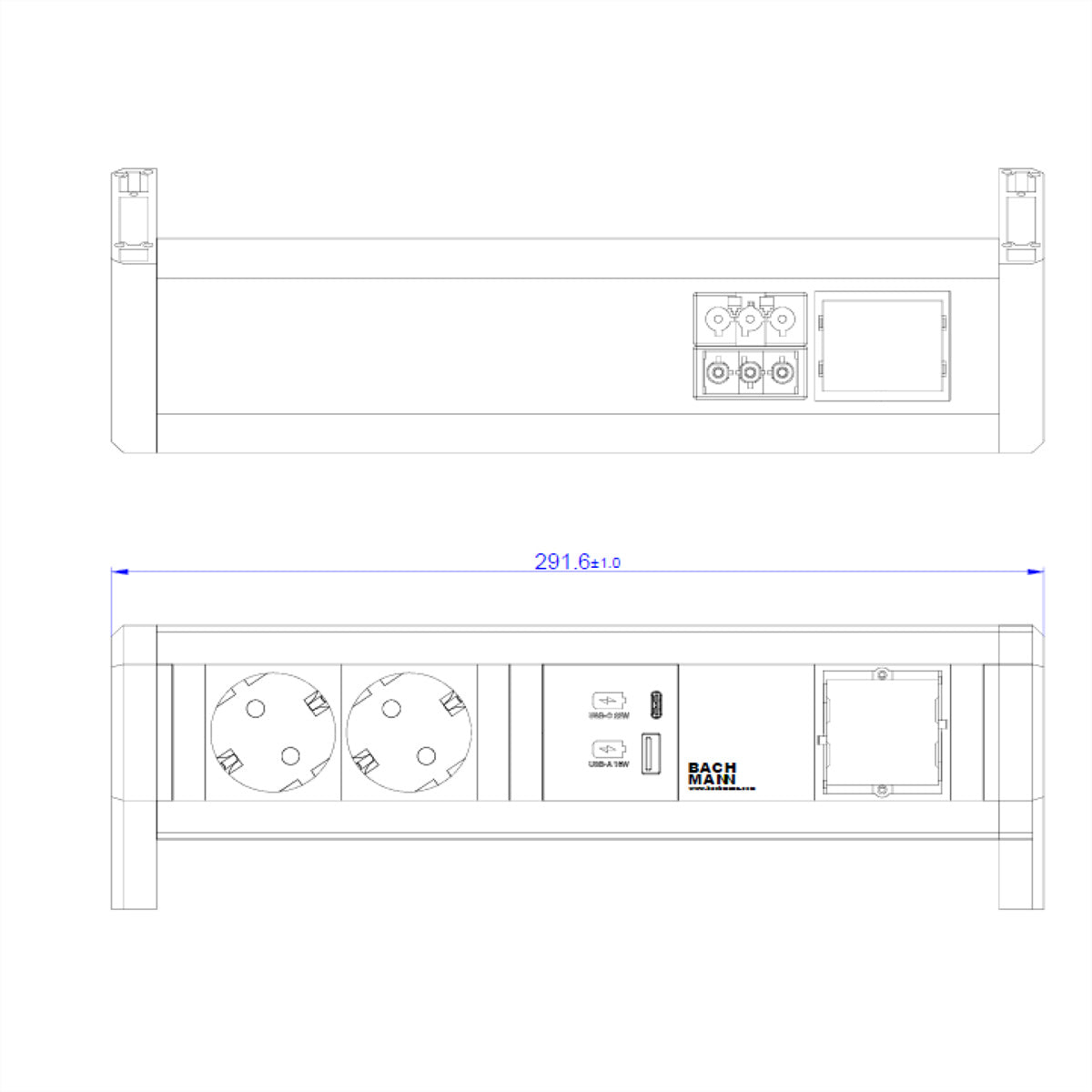 Bachmann DESK Steckdoseneinheit – 2×Schuko (Typ E/F), USB‑A/USB‑C 22 W, GST18