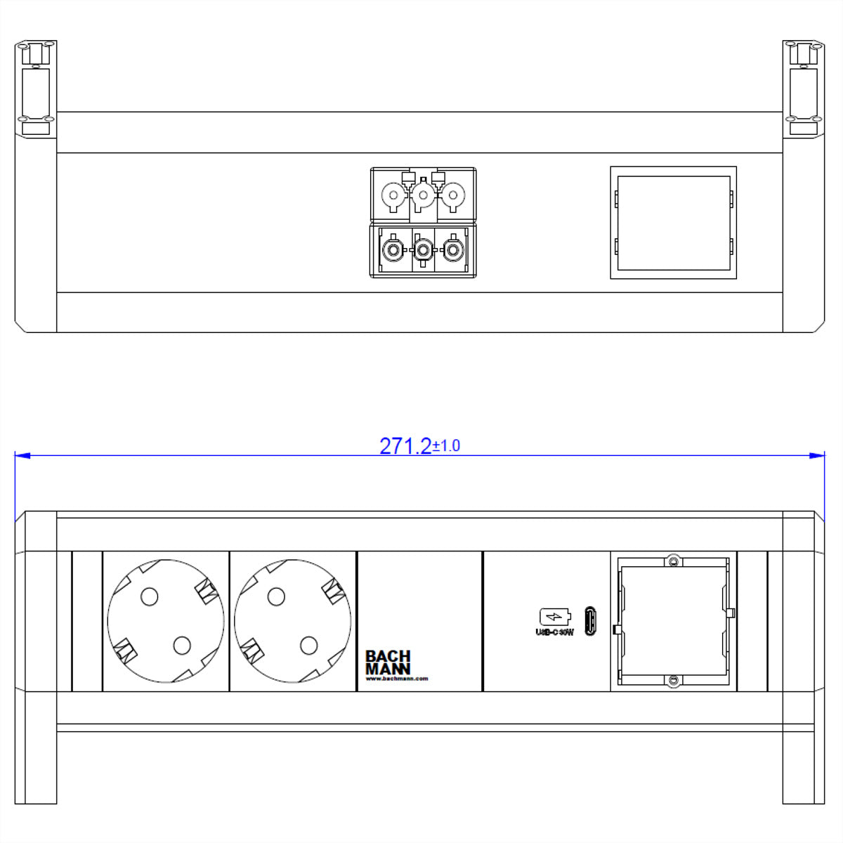 Bachmann DESK Steckdosenleiste – 2×T13, USB‑C 30 W, GST18 Eingang