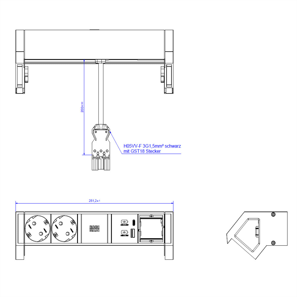Bachmann DESK2 Steckdoseneinheit – 2×T13, USB‑A/USB‑C 22 W, Tisch/Einbau