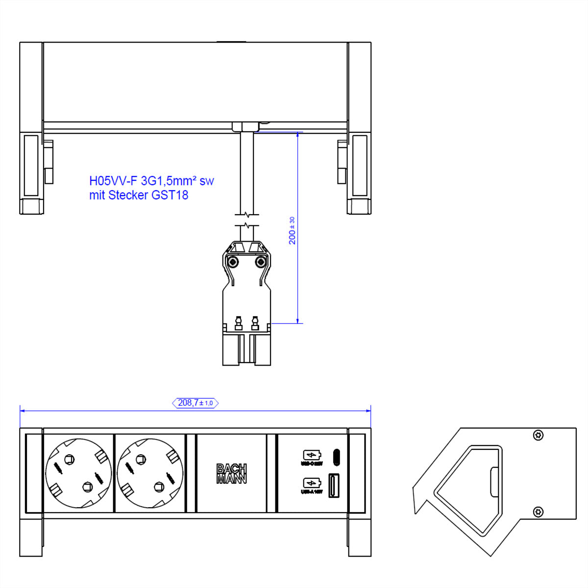 Bachmann DESK2 Steckdoseneinheit – 2×T13, USB-A/USB-C 22 W, Tisch-/Einbau, 0,2 m, GST18, Weiss