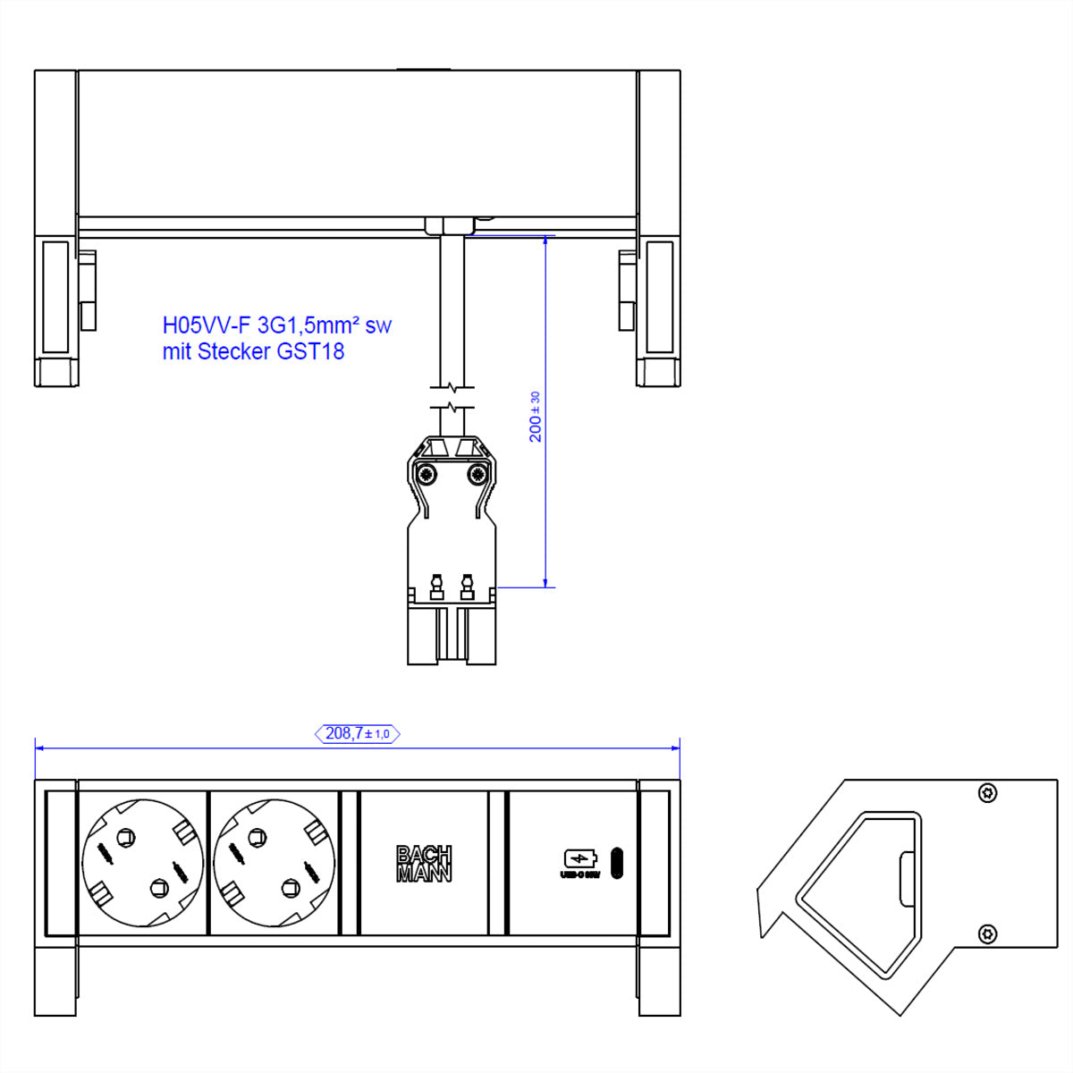 Bachmann DESK2 Steckdoseneinheit – 2×Schuko (Typ E/F), USB‑C 30 W, Aufbau, GST18