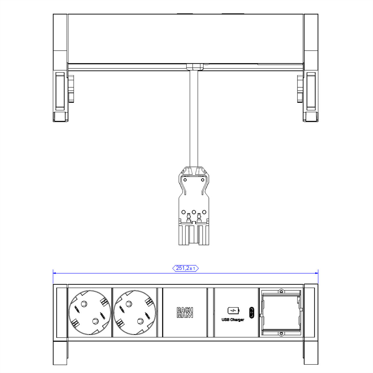 Bachmann DESK2 Steckdosenleiste – 2×Schuko (Typ E/F), USB‑C 30 W, 0,2 m, GST18 Stecker, Schwarz