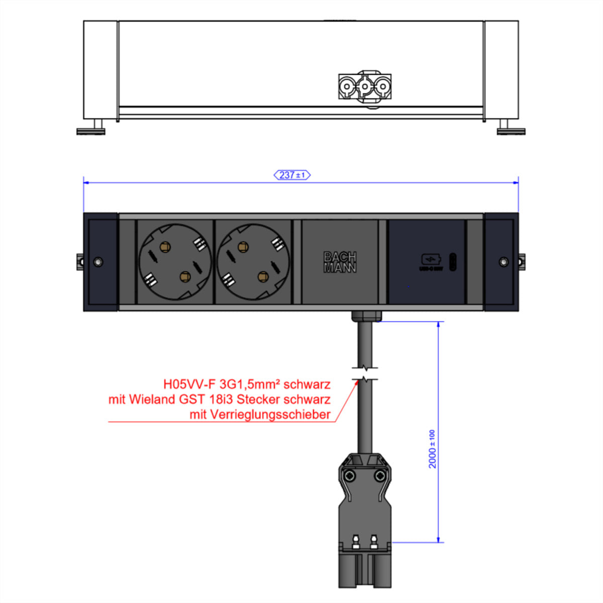Bachmann DESK RAIL Tischsteckdosenleiste, 2×T13, 1×USB‑C PD 30 W, 2 m, mit erhöhtem Berührungsschutz – Schwarz