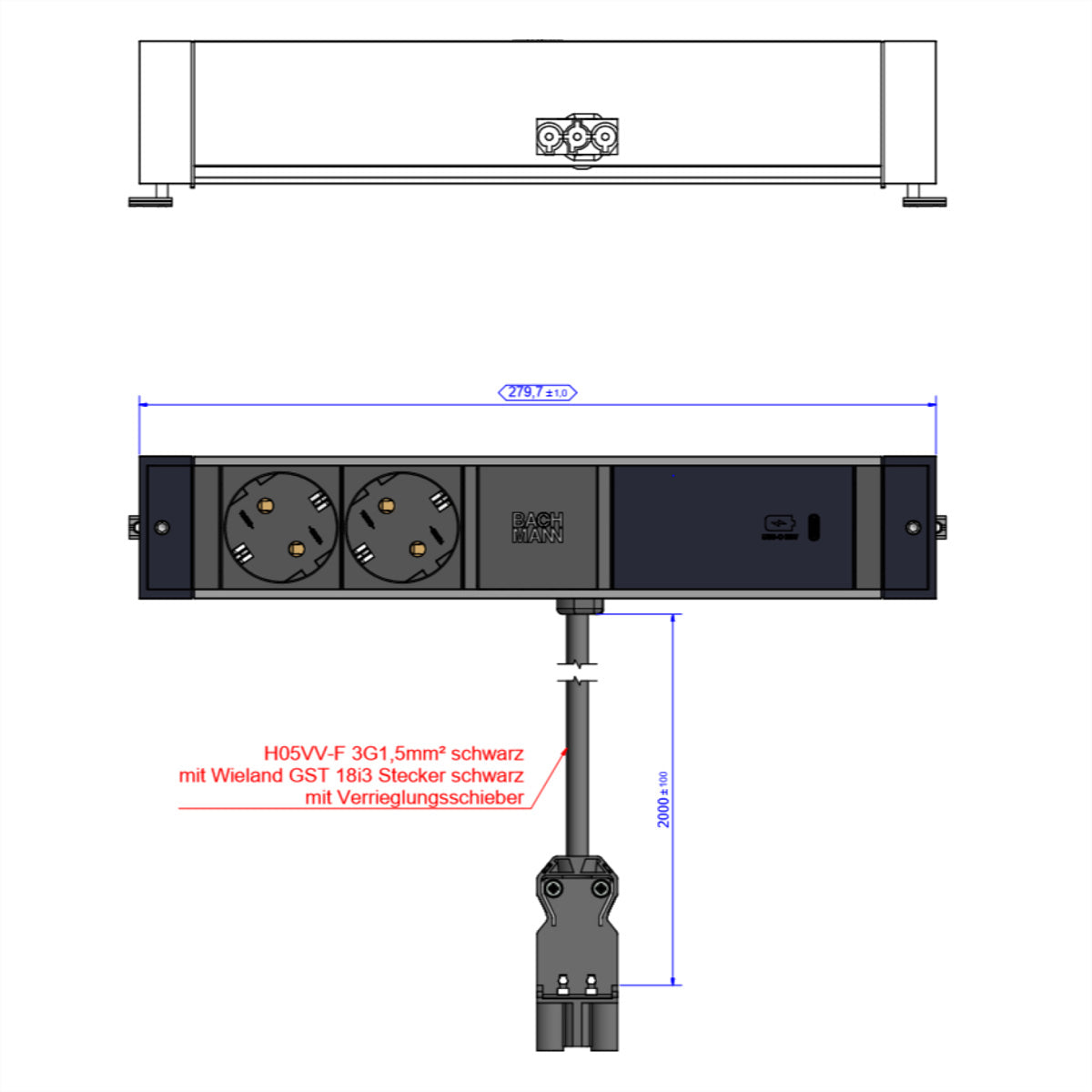 Bachmann DESK RAIL Tischsteckdosenleiste, 3×T13, 1×USB‑C PD 60 W, 2 m, GST18 Eingang, eloxiertes Aluminium