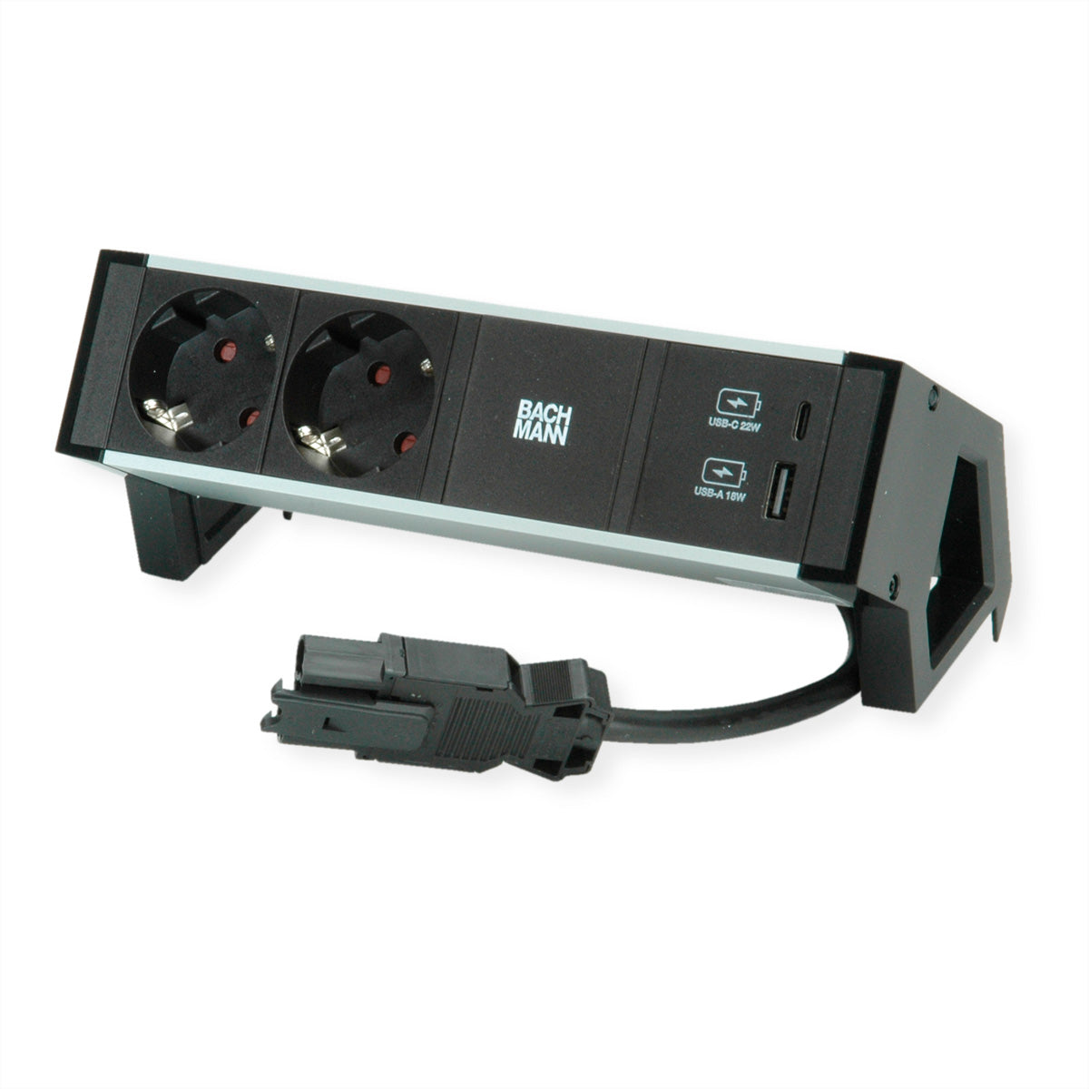 Bachmann DESK2 ALU Tischsteckdosenleiste, 2×T13, 1×USB‑A + 1×USB‑C 22 W, 0,2 m, ohne Schalter – schwarz