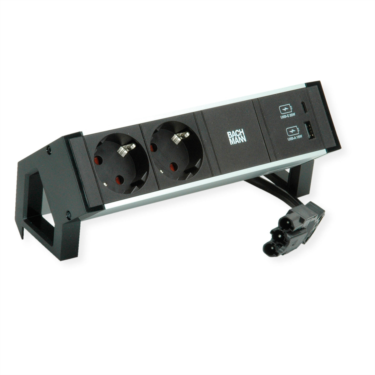 Bachmann DESK2 ALU Tischsteckdosenleiste, 2×T13, 1×USB‑A + 1×USB‑C 22 W, 0,2 m, ohne Schalter – schwarz