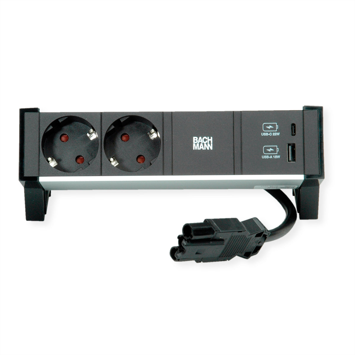 Bachmann DESK2 ALU Tischsteckdosenleiste, 2×T13, 1×USB‑A + 1×USB‑C 22 W, 0,2 m, ohne Schalter – schwarz