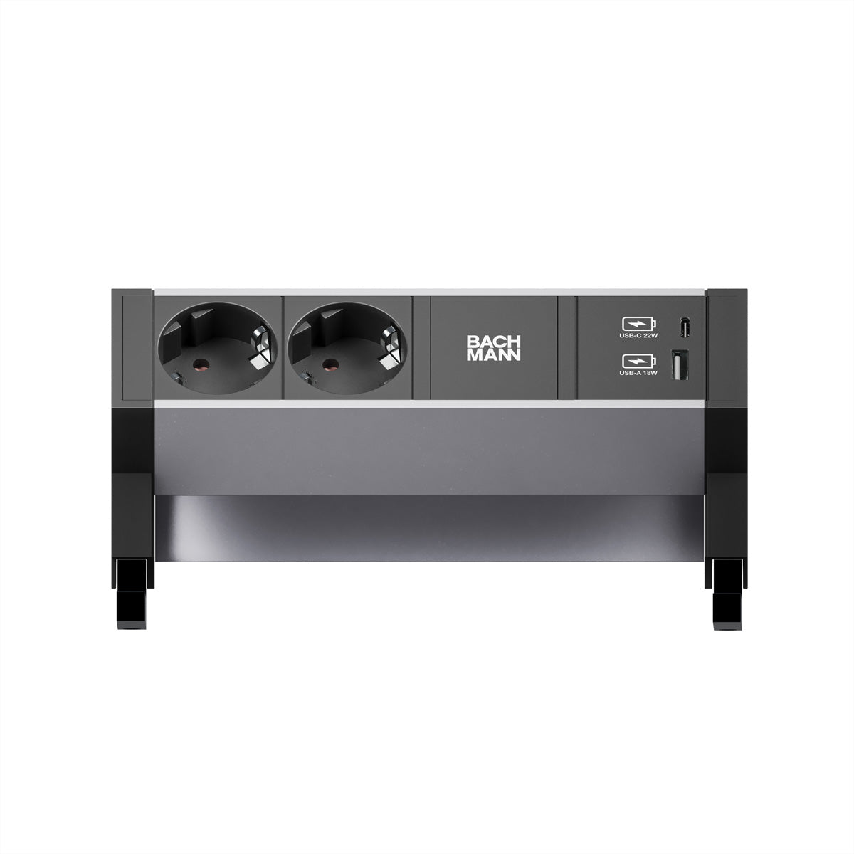 Bachmann DESK2 ALU Tischsteckdosenleiste, 2×T13, 1×USB‑A + 1×USB‑C 22 W, 0,2 m, ohne Schalter – schwarz