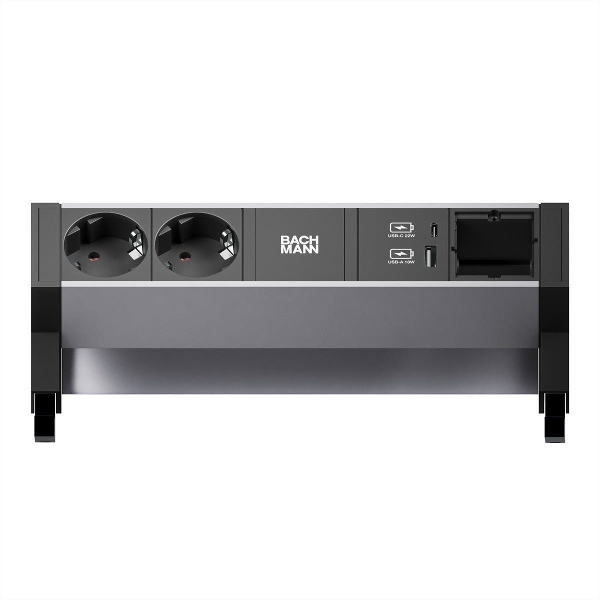 Bachmann DESK2 ALU Steckdoseneinheit – 4×Schuko (Typ E/F), USB‑A/USB‑C 22 W, Tischmontage, Schwarz