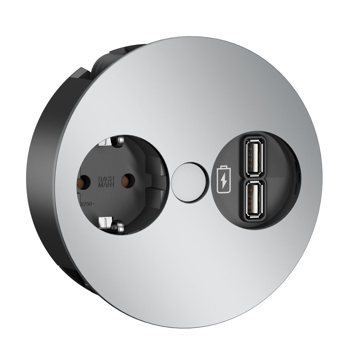 Bachmann TWIST Einbausteckdosenleiste, 1×Schuko (Typ F), 2×USB‑A 12 W, GST18 Eingang, 2 m – chrom