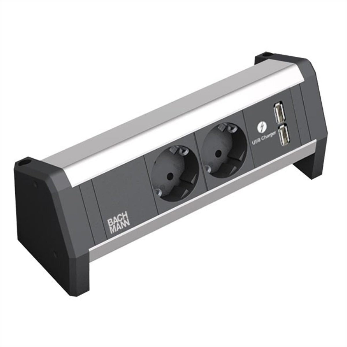 Bachmann DESK 1 – Tischsteckdosenleiste, 2× Schuko (Typ F), 1× USB, ohne Schalter, Stecker GST18