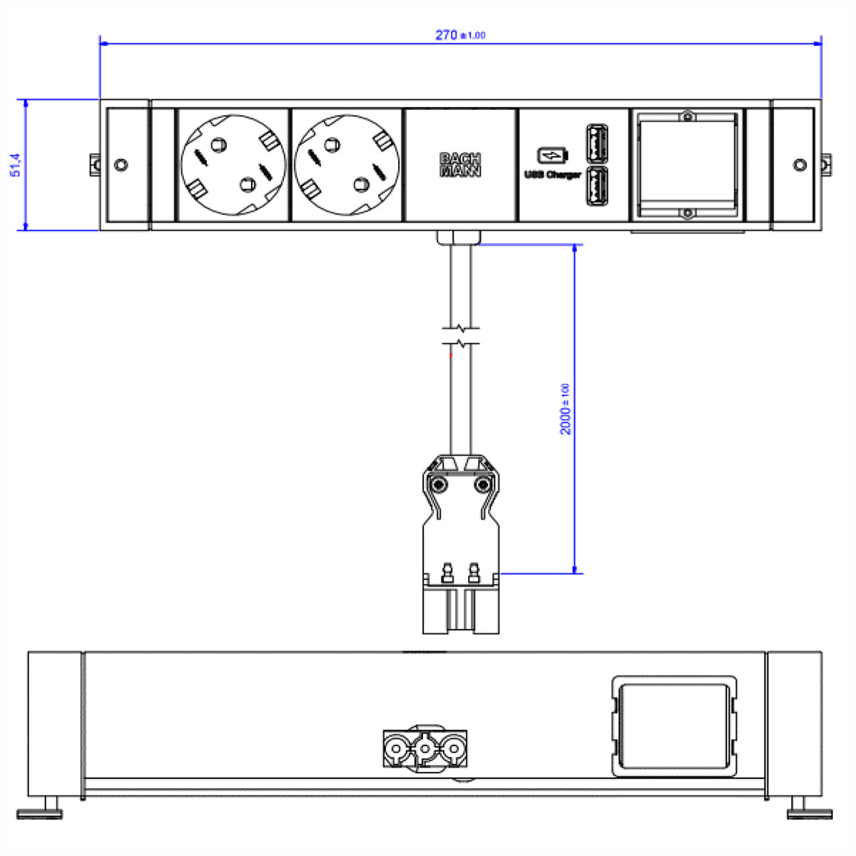 Bachmann DESK RAIL Steckdosenleiste – 2×Schuko (Typ F), 2×USB, 2 m