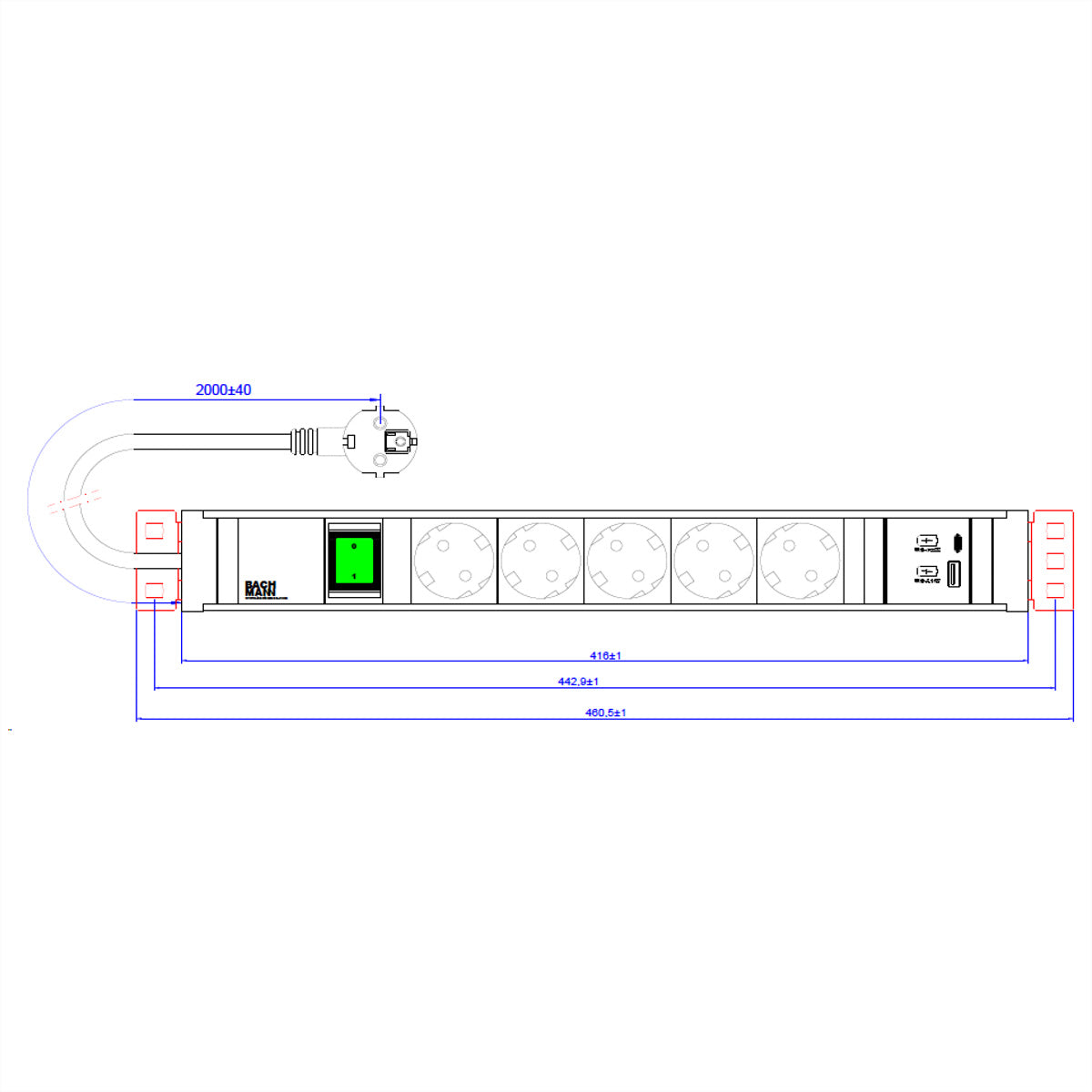 Bachmann CONNECT LINE Steckdosenleiste – 5× Schuko (Typ E/F), USB‑A/C 22 W, 2 m, mit Schalter, Schwarz