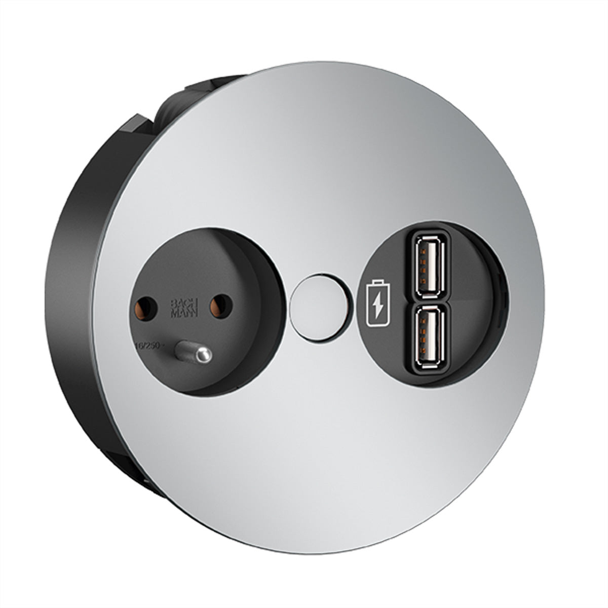 Bachmann TWIST Einbausteckdosenleiste, 1×UTE (Typ E), 1×USB-A, Einbau 40 mm, GST18 Eingang – Chrom